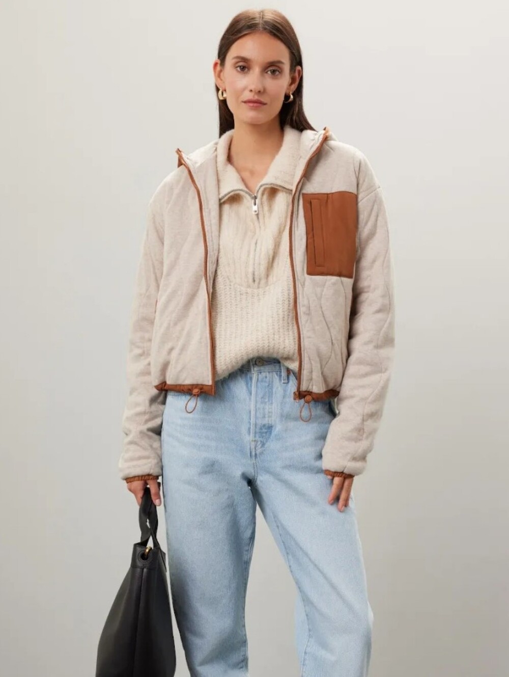 Spiritual Gangster Quilted Zip Up Coat Jacket Cream & Brown Hooded Cotton MD